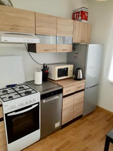 een kleine keuken met een fornuis en een magnetron bij Cozy Center Apartment in Druskininkai in Druskininkai