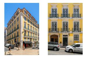 two pictures of a building with cars parked on a street at WHome | Luxury Chiado Prime Apartment in Lisbon