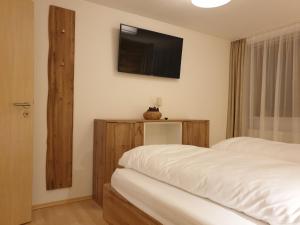 1 Schlafzimmer mit 2 Betten und einem TV an der Wand in der Unterkunft Ferienwohnung Alter Farbhof in Ühlingen-Birkendorf