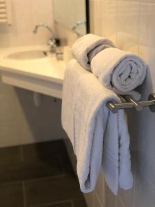 ein Badezimmer mit Handtüchern auf einem Handtuchhalter in der Unterkunft Strandhotel Om de Noord in Schiermonnikoog