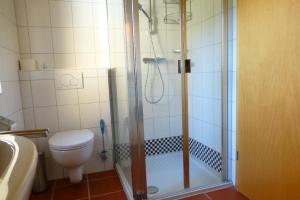 a bathroom with a shower with a toilet and a sink at Haus Schloßwiese in Bad Füssing