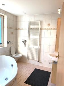 a bathroom with a tub and a toilet and a sink at Blue Mountain Hostel in Innsbruck