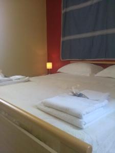 2 asciugamani posti sopra un letto di Appartamenti Centro Policastro a Policastro Bussentino