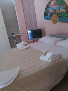 una camera d'albergo con due letti e asciugamani di Appartamenti Centro Policastro a Policastro Bussentino