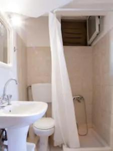 La salle de bains est pourvue d'un lavabo, de toilettes et d'une douche. dans l'établissement Makis Apartments, à Siteía