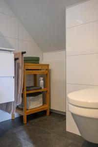 baño con aseo y estante con toallas en B&B Witvliet, kamers en studio met heerlijk ontbijt !, en Zoutelande