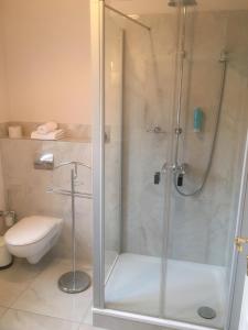 a bathroom with a shower and a toilet at B&B Fiddler's Inn in Neuruppin +26 photos