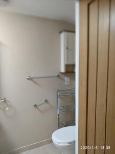 Glen Lodges في نيو ميلتون: حمام مع مرحاض ورفوف للمناشف على الحائط