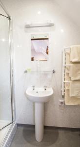 a white bathroom with a sink and a shower at Llanerchindda Farm Guest House in Cynghordy