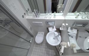 a bathroom with a sink and a toilet and a mirror at Lizz Hotel Munich in Munich