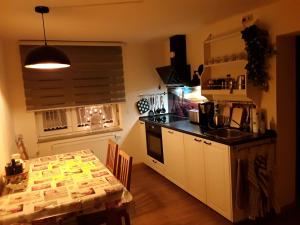 cocina con mesa y encimera en Ferienwohnung auf dem Land, en Dittersbach