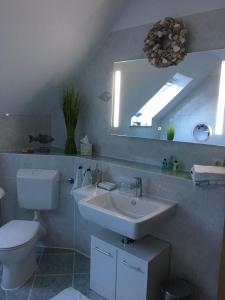 uma casa de banho com um lavatório, um WC e um espelho. em Ferienwohnung zur Himmelsscheibe new Art em Ziegelroda