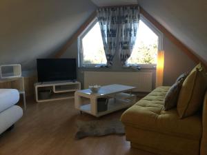 ein Wohnzimmer mit einem Sofa und einem TV in der Unterkunft Ferienwohnung zur Himmelsscheibe new Art in Ziegelroda
