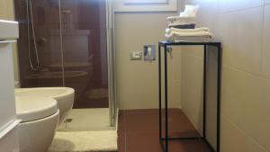 a bathroom with a toilet and a glass shower at B&B Taramelli - garage per bici o 2 moto in Trento