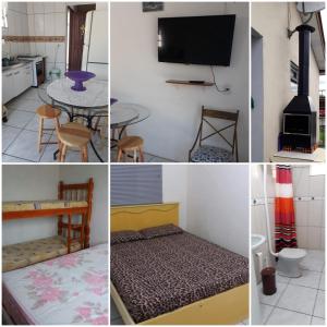 een collage van foto's van een kamer met een bed en een tv bij Casa de praia in Passo de Torres