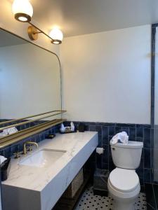 
a bathroom with a toilet, sink and mirror at The Adler a Hollywood Hotel in Los Angeles
