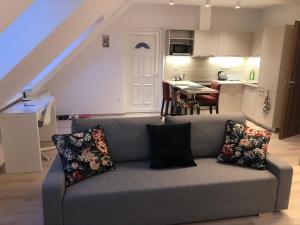 a living room with a couch and a kitchen at Diamond Apartman in Debrecen