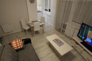 a living room with a couch and a table with a television at Central Boulevard Apartment in Šiauliai