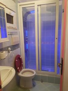 uma casa de banho com um WC e uma cabina de duche em vidro. em Appartamento Panoramico em San Felice Circeo
