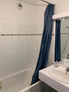 ein Badezimmer mit einem blauen Duschvorhang und einem Waschbecken in der Unterkunft Disney, very spacious comfortable 3 bedrooms family apartment, 8 pers, wifi, NETFLIX in Chessy