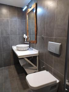 イスタンブールにあるジャカランダ ホテルのバスルーム(洗面台、トイレ、鏡付)