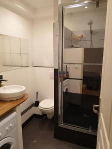 La salle de bains est pourvue de toilettes, d'un lavabo et d'une douche. dans l'établissement studio près du vieux port et de la Canebière, à Marseille