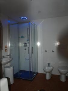 a bathroom with a glass shower and a toilet at Casa delle Bruscole in Conegliano
