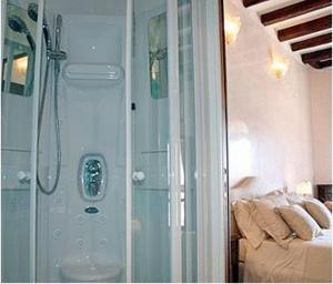 ヴェネツィアにあるB&B ラ ローザ デイ ベンティのバスルーム(ガラスドア付きのシャワー付)