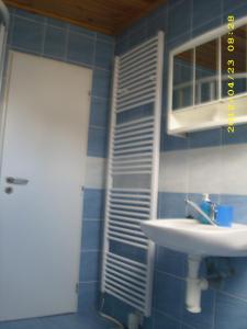 a bathroom with a sink and a mirror and a door at Apartmány u Jitky in Zlín
