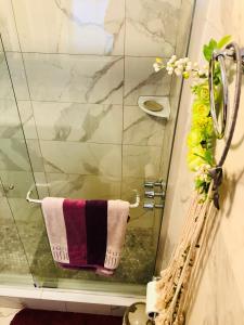 a shower with a towel on a glass door at “BEAUTIFUL SPACE” 10 MTOS Airport JFK THE BEACH in New York