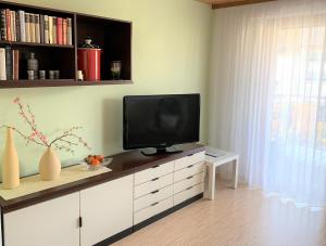 a living room with a flat screen tv on a dresser at BodenSEE Apartment Friedrichshafen Manzell in Friedrichshafen