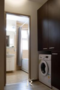 a bathroom with a washing machine and a sink at Apartament Modern Rivulus 28 in Baia Mare
