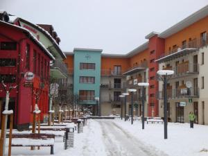 a snow covered street in a city with buildings at Apartmán Borgi in Oščadnica