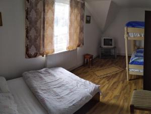 a bedroom with a bed and a window and bunk beds at Casa Savianu Cavnic in Cavnic