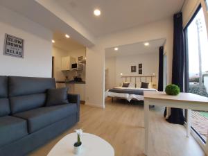 sala de estar con sofá y cama en Acero y Piedra Apartamentos con jardín privado, en Cerceda