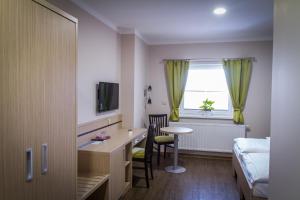 1 dormitorio con escritorio, 1 cama y ventana en Penzion Na Netřebě en Pardubice