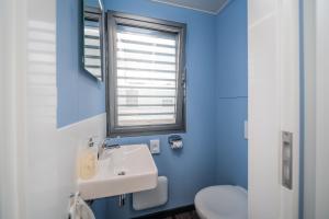a blue bathroom with a sink and a toilet at Hausboote Marina Braunsbedra in Braunsbedra