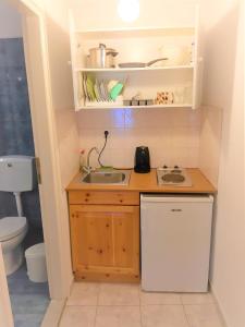 una piccola cucina con lavandino e servizi igienici di Zefyros Studios a Néos Marmarás