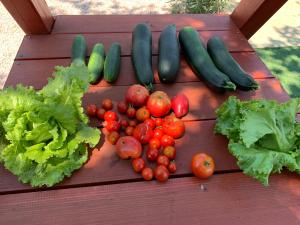 a bunch of vegetables sitting on a wooden table at Villa Anna - 4 bedrooms, 4 bathrooms, heated pool, jacuzzi in Kornić