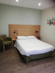 1 dormitorio con 1 cama grande y 1 silla en Hôtel Restaurant Le Moschenross, en Thann