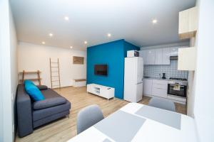 a kitchen and living room with a couch and a table at TF Apartment світло 24 на 7 двокімнатні апартаменти в центрі міста in Poltava