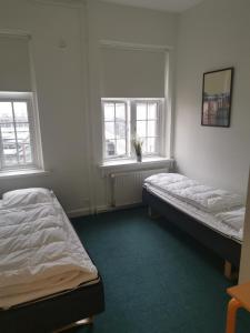 a room with a bed, a desk, and a window at Danhostel Odense City in Odense
