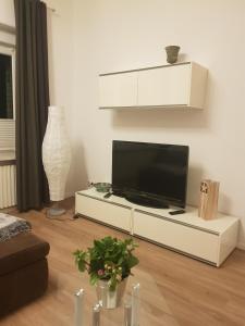 a living room with a tv on a white entertainment center at Ferienwohnung Peters in Bad Harzburg