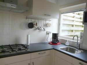 encimera de cocina con fregadero y ventana en Europapark C7 2-4p, en Lichtenau