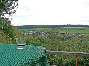 a glass of wine sitting on a table with a view at Europapark C7 2-4p in Lichtenau
