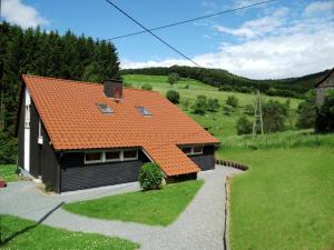 a house with an orange roof on a green field at Typ Dachsbau in Schmallenberg