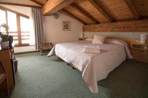 1 dormitorio con 1 cama en una habitación con techos de madera en Hotel Crimea, en Chiavenna