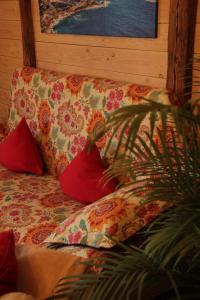 a couch with two red pillows and a plant at Oybiner Blockhaus und Ferienwohnungen in Hain