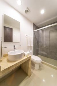 La salle de bains est pourvue d'un lavabo, de toilettes et d'une douche. dans l'établissement Nuve, à Torreón