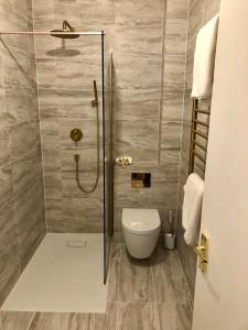 een badkamer met een toilet en een glazen douche bij Flat 2 Struan house in Pitlochry